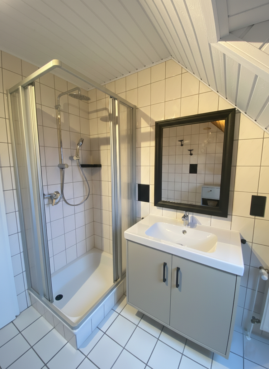 Badezimmer mit weißer Decke